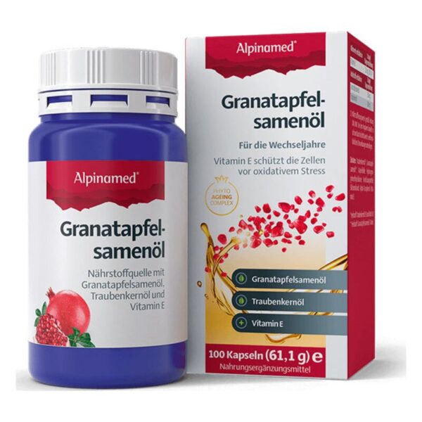 Verpackung von Granatapfelsamenöl-Kapseln, helfend bei Wechseljahresbeschwerden, in einer blauen Flasche und Karton.