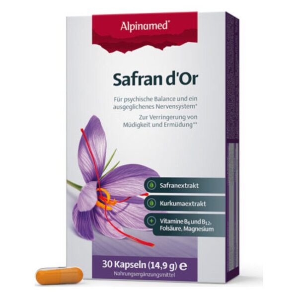 Packung mit Nahrungsergänzungsmitteln Safran d'Or, enthält Kapseln und Vorderseite zeigt Safranblüte und Wirkstoffe.
