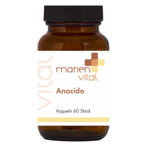 Braunes Glasgefäß mit schwarzem Deckel, etikettiert mit "marien vital Anacido Kapseln".