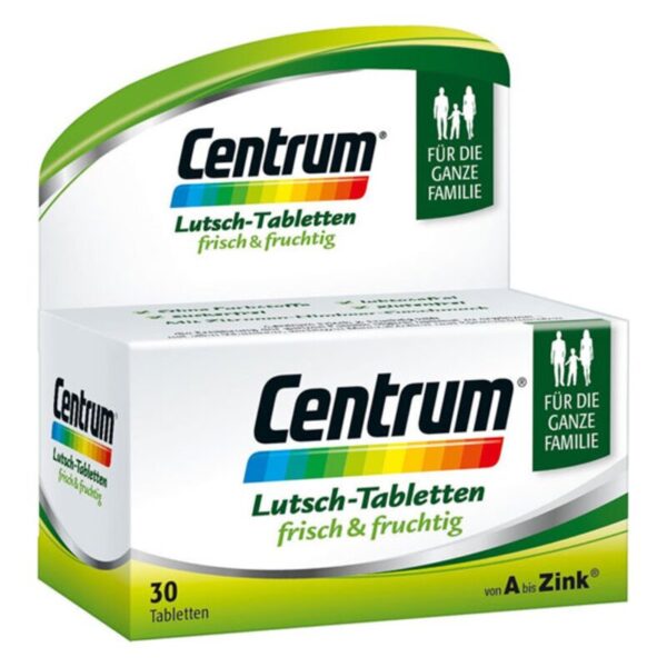 Verpackung von Centrum Lutsch-Tabletten mit fruchtigem Geschmack, geeignet für die ganze Familie.