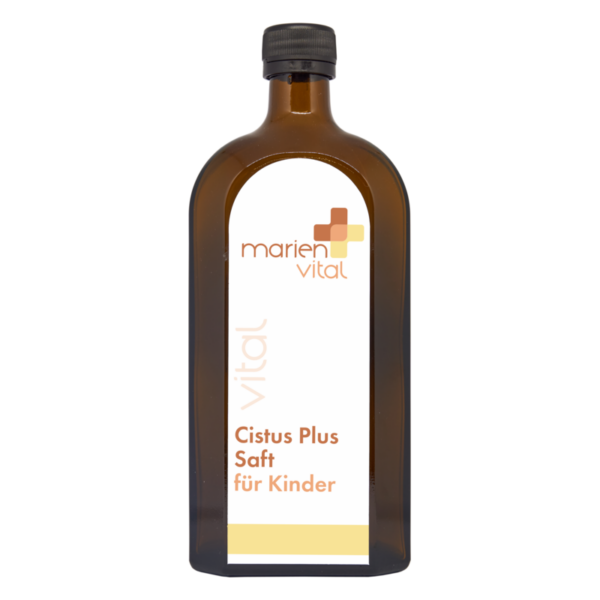 Braune Glasflasche mit einem Etikett, das 'Cistus Plus Saft für Kinder' und das Logo von MarienVital zeigt.