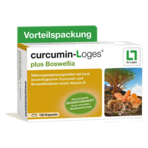 Verpackung des Nahrungsergänzungsmittels Curcumin-Loges plus Boswellia mit unter anderem Vitamin D und Kapseln.