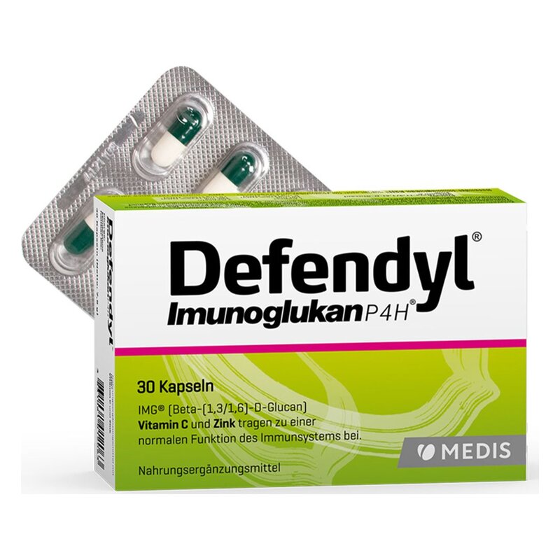 Verpackung von Defendyl Immunoglukankapseln mit Blisterpackung und Beschreibung von Inhaltsstoffen wie Vitamin C und Zink.