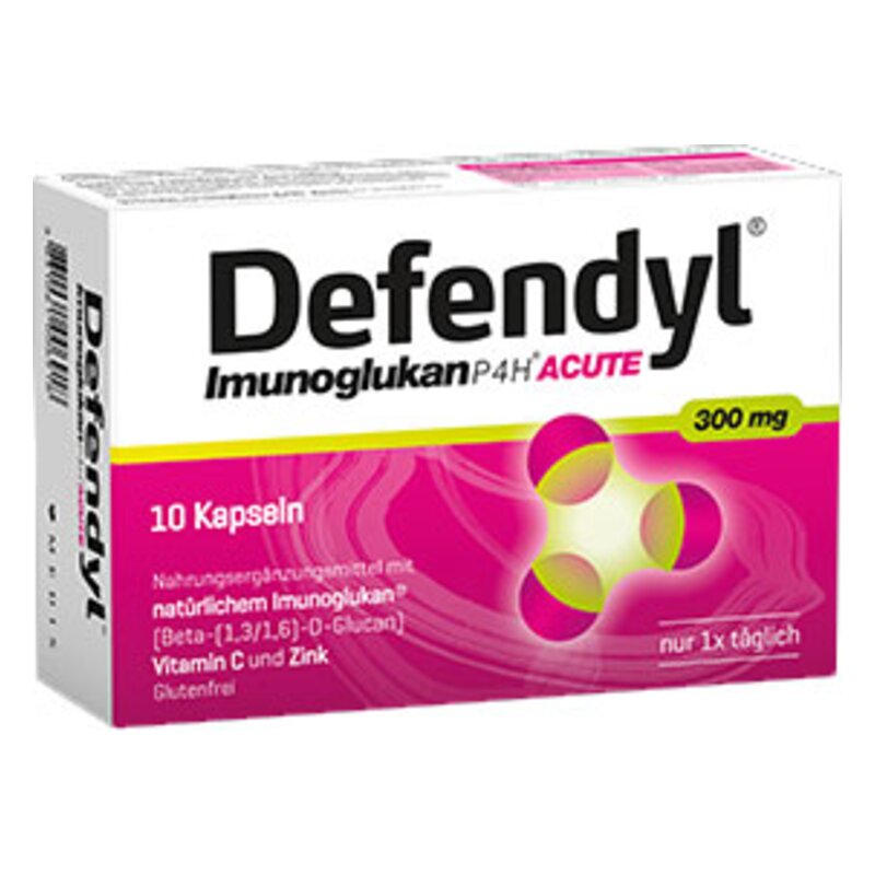 Verpackung von Defendyl, einem Nahrungsergänzungsmittel mit Immunoglukan, Vitamin C und Zink, in Kapsel-Form.