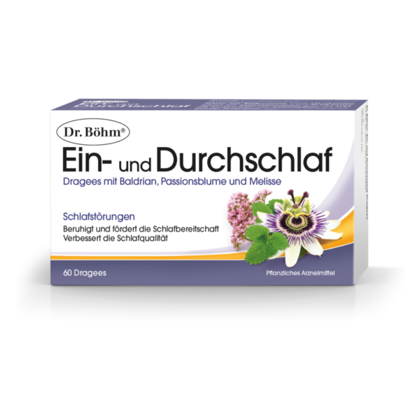 Packung mit Dragees für Schlafstörungen, enthält Baldrian, Passionsblume und Melisse in einer ansprechenden Gestaltung.