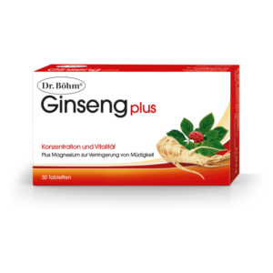 Packung Dr. Böhm Ginseng plus mit 30 Tabletten, betont Konzentration und Vitalität, abgebildet mit Ginsengwurzel und Blättern.