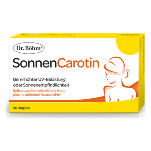 Verpackung von Dr. Böhm SonnenCarotin, zur Unterstützung bei UV-Belastung, mit einer stilisierten Silhouette einer Frau.
