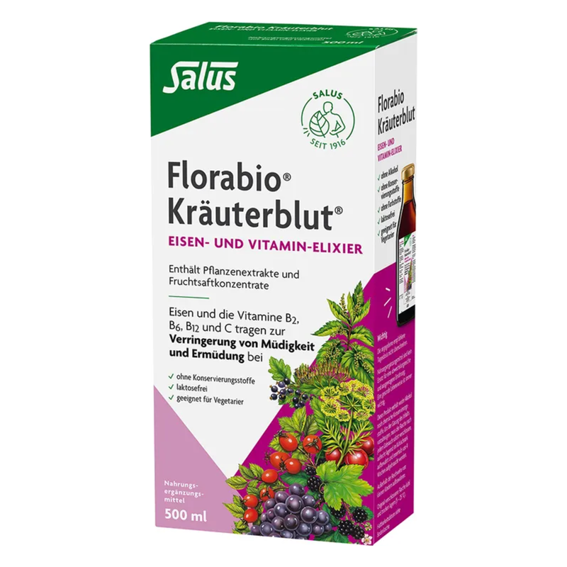 Verpackung des Florabio Kräuterblut Elixiers mit pflanzlichen Extrakten und Vitaminen zur Unterstützung energiearmer Zustände.