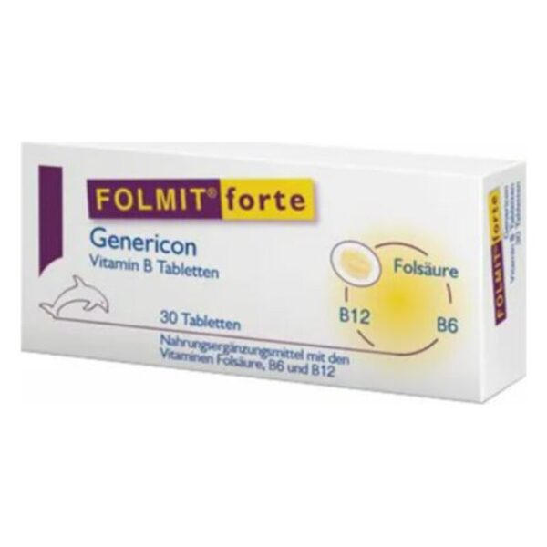 Verpackung von FOLMIT forte Vitamin B Tabletten mit Angaben zu Folsäure, B6 und B12.