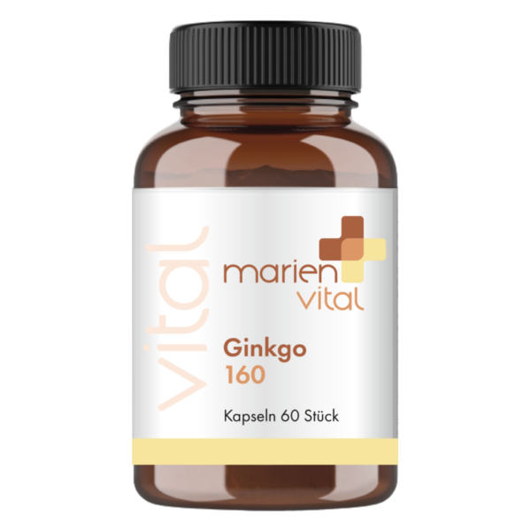 Braunes, transparentes Fläschchen mit schwarzem Deckel, etikettiert mit 'Ginkgo 160', enthält 60 Kapseln.