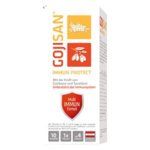 Verpackung von GOJISAN IMMUN PROTECT, enthält Goji und Sanddorn zur Unterstützung des Immunsystems.