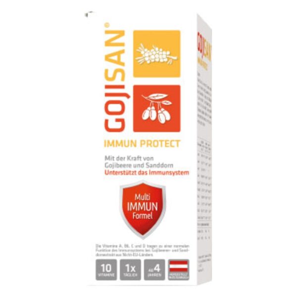 Verpackung von GOJISAN IMMUN PROTECT, enthält Goji und Sanddorn zur Unterstützung des Immunsystems.