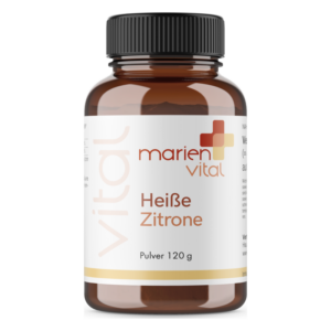 Braune Glasflasche mit schwarzem Deckel und Etikett, enthält Pulver für heiße Zitrone von marien vital.