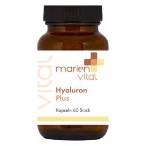 Braunes Glasgefäß mit schwarzem Schraubverschluss, beschriftet mit "Hyaluron Plus" von marien vital.