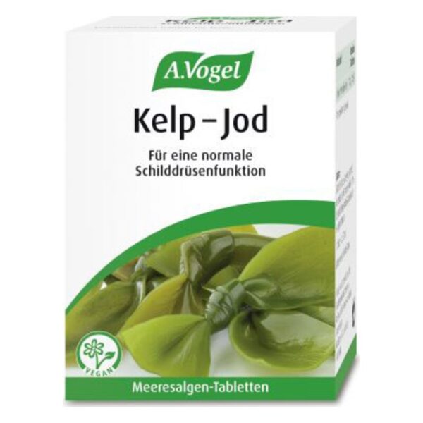 Verpackung von A.Vogel Kelp-Jod Tabletten für die Schilddrüsenfunktion mit grüner Alge und veganem Symbol.