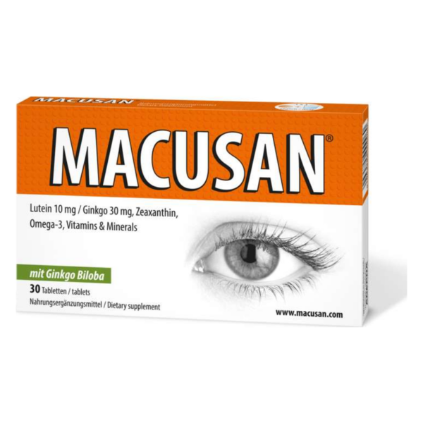 Packung von Macusan mit Nährstoffen für die Augen, enthält Ginkgo Biloba und 30 Tablets, Augenmotiv im Hintergrund.