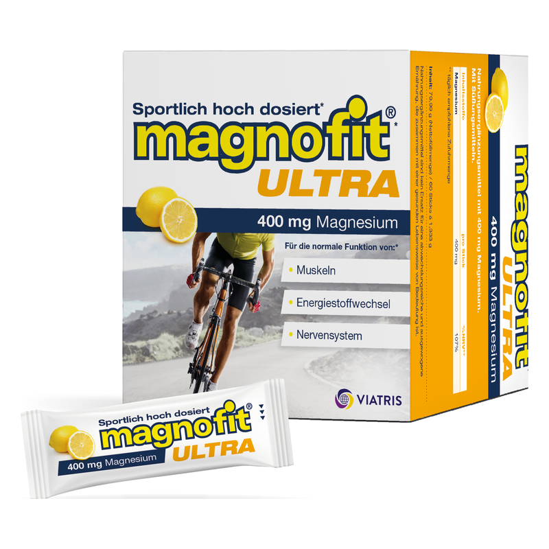 Verpackung von magnofit ULTRA mit Zitronenmotiv, 400 mg Magnesium für Muskeln, Energiewechsel, Nervensystem.