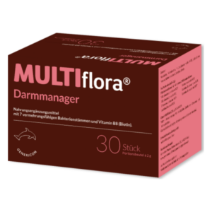 Verpackung von MULTIflora Darmmanager, einem Nahrungsergänzungsmittel mit Bakterienstämmen und Vitamin B8.