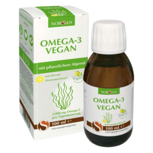 Flasche mit veganem Omega-3 Öl aus Algen, im Karton mit grüner Schrift und Zitronen-Geschmack.