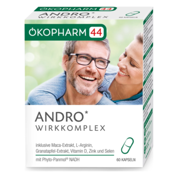 Verpackung von Okopharm 44 ANDRO Wirkkomplex, mit Inhaltsstoffen wie Maca-Extrakt und Granatapfel-Extrakt, vorgestellt mit fröhlichen Menschen.