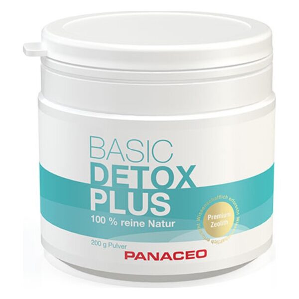 Runder, weißer Behälter mit Deckel, beschriftet mit "BASIC DETOX PLUS", enthält 200 g Pulver mit Zeolith.