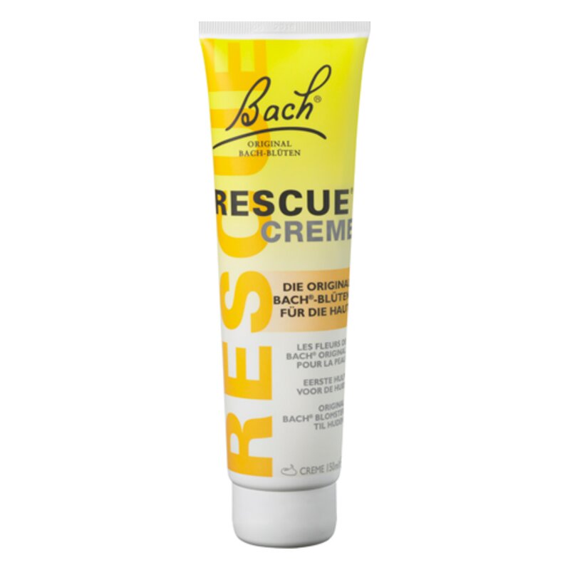 Tube mit RESCUE Creme von Bach, gelbes Design mit weißem Deckel, zur Unterstützung der Hautpflege.