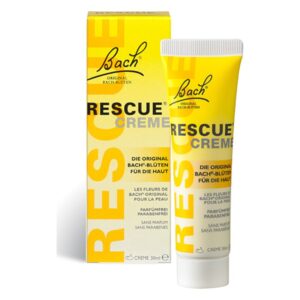 Röhre mit RESCUE® Creme von Bach, umgeben von gelber Verpackung mit deutlicher Beschriftung.