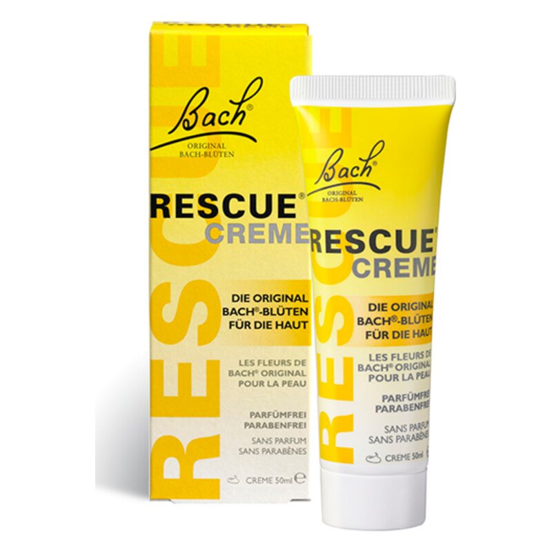 Bach Rescue Creme in einer gelben Tube mit passender Verpackung, betont Hautpflege und natürliche Inhaltsstoffe.