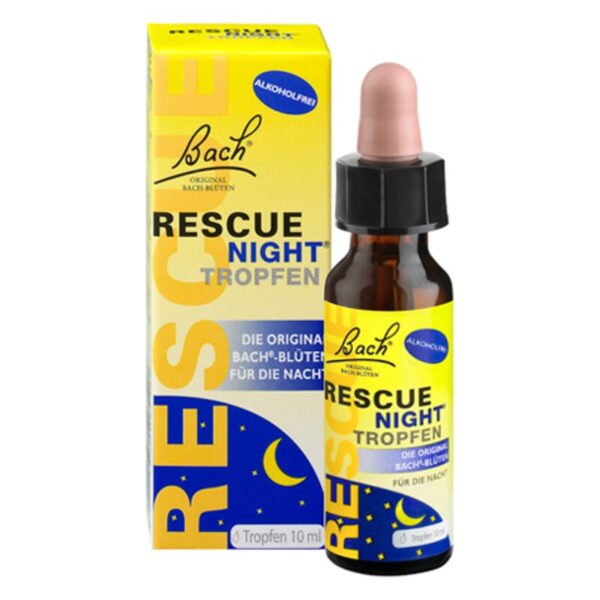 Bach Rescue Night Tropfen in brauner Glasflasche mit Tropfverschluss und gelber Verpackung, alkoholfrei, 10 ml.