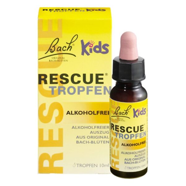 Bach Rescue Tropfen für Kinder in einem kleinen braunen Glasfläschchen mit pinkem Tropfer und gelber Verpackung.
