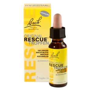 Flasche mit Bach Rescue Tropfen, gelbe Verpackung mit Aufschrift "Original Rescue Tropfen", alkoholfrei.