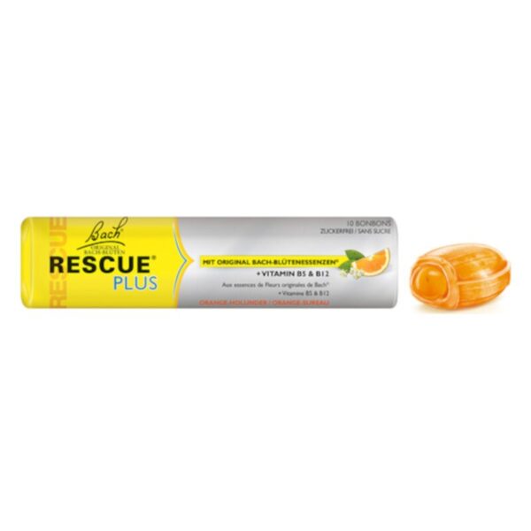 Röhre mit zuckerfreien Bonbons mit Bach-Blütenessenzen und Vitaminen B5 und B12, orangefarbene Verpackung.