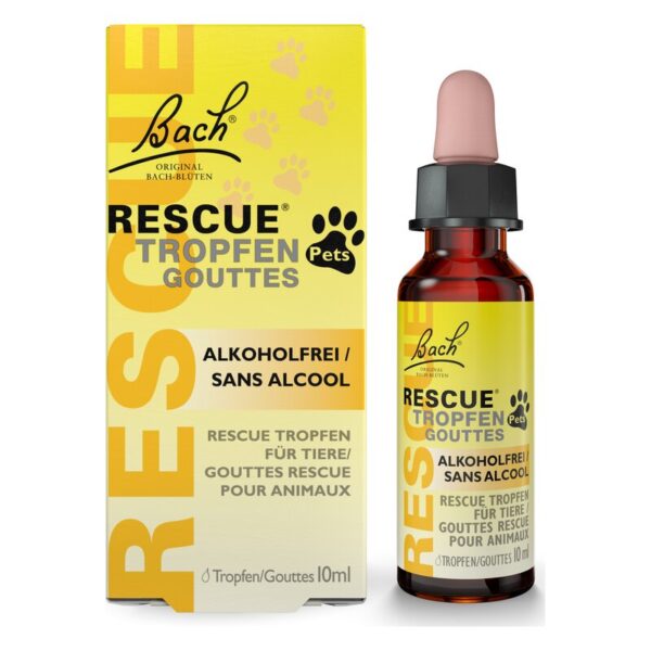 Flasche mit RESCUE Tropfen für Tiere, alkoholfrei, in einer gelben Verpackung mit bunten Paw-Prints.