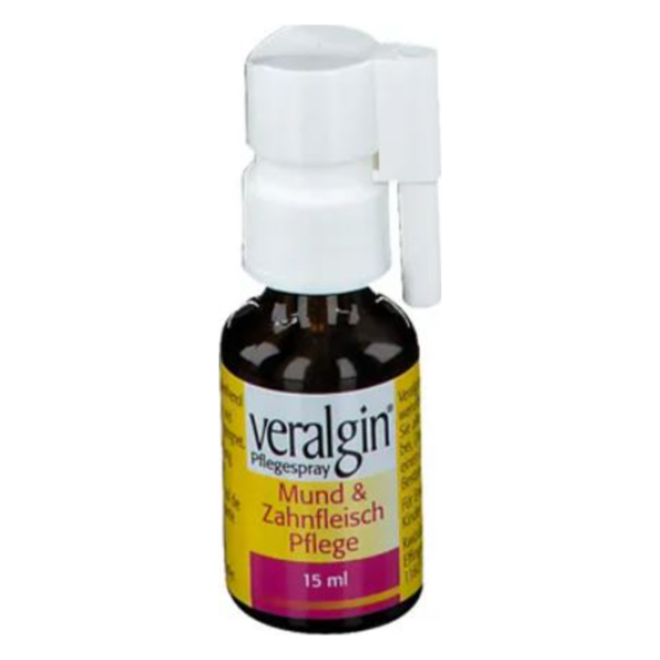 Braunes Sprühfläschchen mit weißem Sprühkopf, etikettiert als Veralgin Mund- und Zahnfleischpflege, 15 ml.