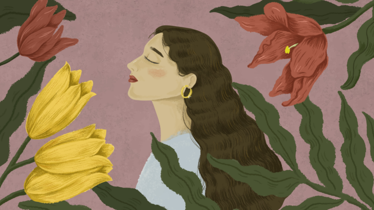 Eine Frau mit langen Haaren ist umgeben von bunten Blumen auf einem rosa Hintergrund.