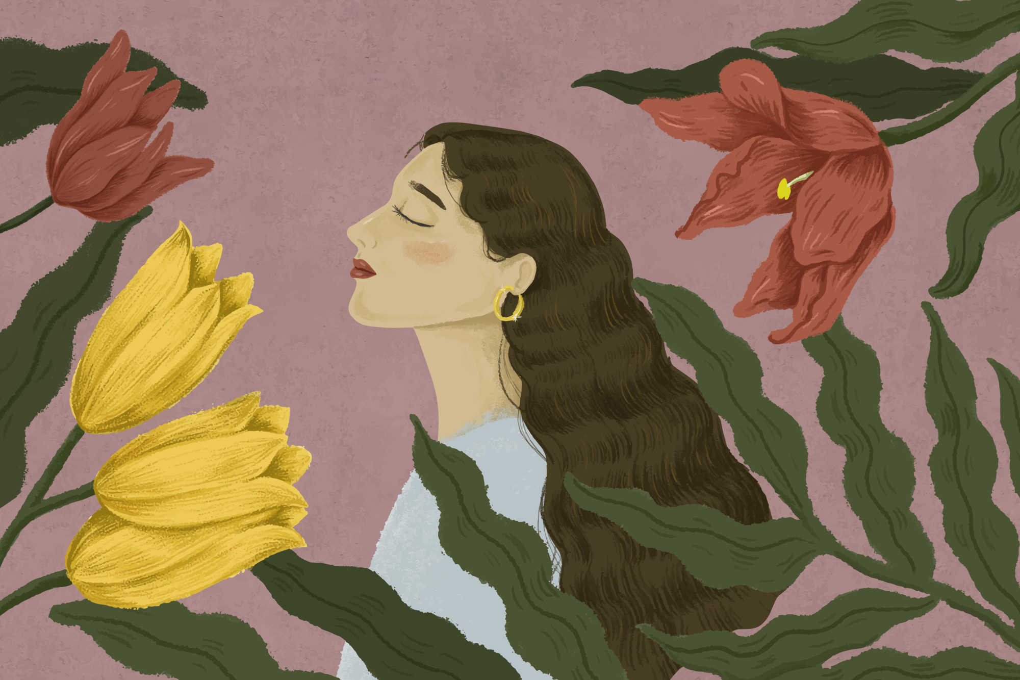 Zyklus_Immunsystem_Frau.png Eine Frau mit langen Haaren ist umgeben von bunten Blumen auf einem rosa Hintergrund.