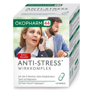 Verpackung von ÖKOPHARM 44 ANTI-STRESS WIRKKOMPLEX mit Kapseln, enthält B-Vitamine und pflanzliche Extrakte.