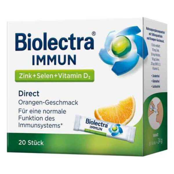Verpackung von Biolectra IMMUN mit Zink, Selen und Vitamin D3 in Orangengeschmack, präsentiert in einer Schachtel.