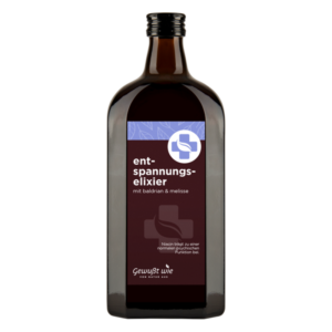 Braune Flasche mit einem Etikett, das "Entspannungselixier mit Baldrian & Melisse" zeigt.