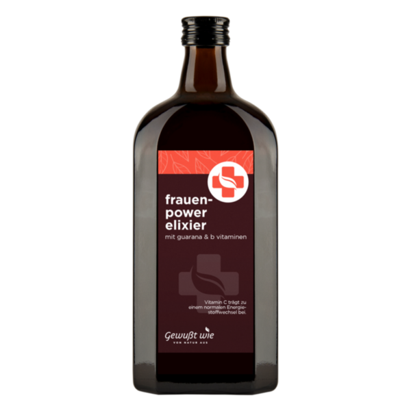 Braune Flasche mit rotem Etikett für Frauen-Power-Elixier, enthält Guarana und B-Vitamine.