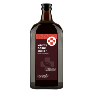 Braune Glasflasche mit einem Etikett für "leichte beine elixier" und einer Beschreibung zu Buchweizen und Calcium.