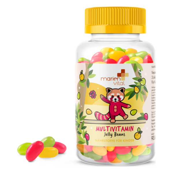 Bunte Multivitamin-Jelly Beans in einem durchsichtigen Plastikbehälter mit gelbem Deckel, beschriftet für Kinder.