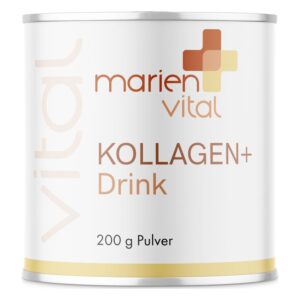 Dose mit weißer Verpackung, Aufschrift "KOLLAGEN+ Drink" und goldfarbenem Rand, 200 g Pulver.