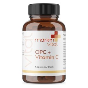 Braunfarbiger Glasbehälter mit Kapseln, Etikett zeigt "marien vital OPC + Vitamin C" und 60 Kapseln an.