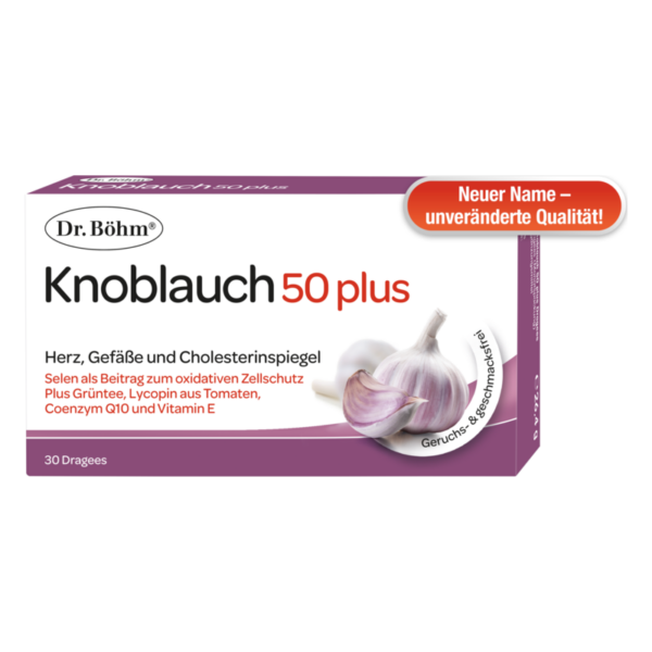 Verpackung von Dr. Böhm Knoblauch 50 plus, enthält Informationen zu Inhaltsstoffen und gesundheitlichen Vorteilen.