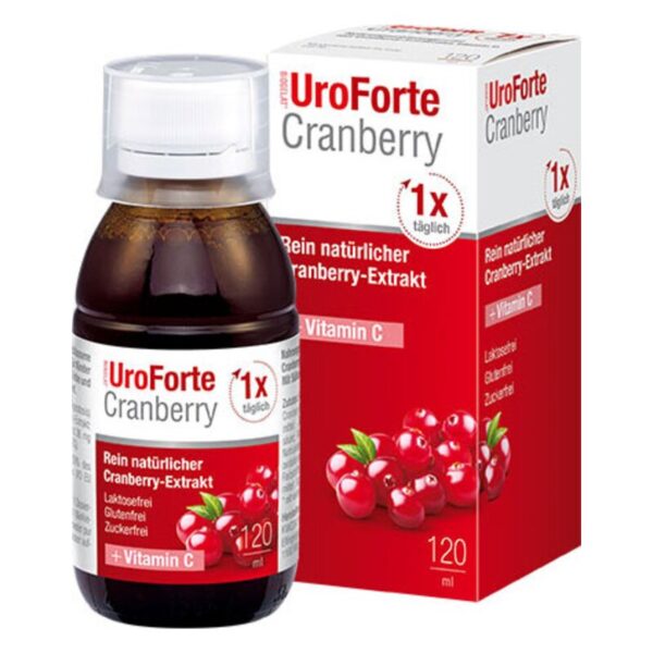 Flasche mit UroForte Cranberry-Saft in einer Verpackung, enthält Natur-Cranberry-Extrakt und Vitamin C.