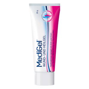 Tube mit Medigel Wund- und Heilsalbe, 20 g, mit Informationen zu den Inhaltsstoffen und der Anwendung.