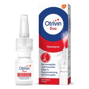 Weißer Nasenspray mit transparentem Sprühkopf, verpackt in einer roten und blauen Box mit Produktinformationen.