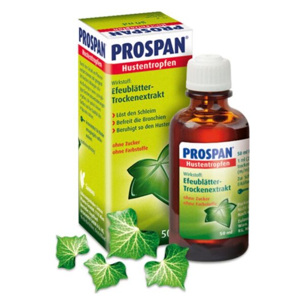 Prospan Hustentropfen mit Efeublätter-Trockenextrakt in einer braunen Flasche, verpackt in einem grünen Karton, Umgebung mit Efeublättern.