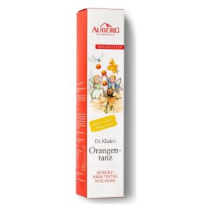 Verpackung von Dr. Klades Orangentanz, einer Gewürz-Kräutermischung für das Immunsystem, mit illustrierter Kinder- und Naturdarstellung.